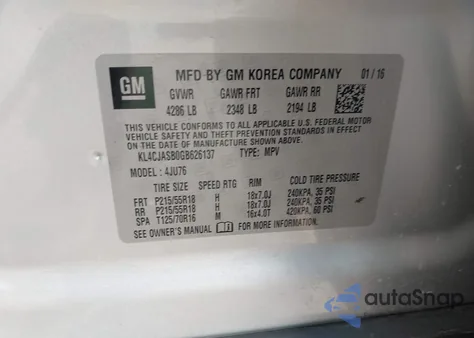 2016 Buick Encore из США, поврежденный, VIN KL4CJASB0GB626137